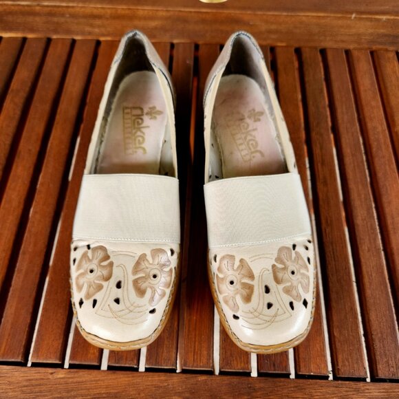 [39] Rieker antistress women's beige & tan leather slip-on flats size EU 39 US 8 - Picture 1 of 11